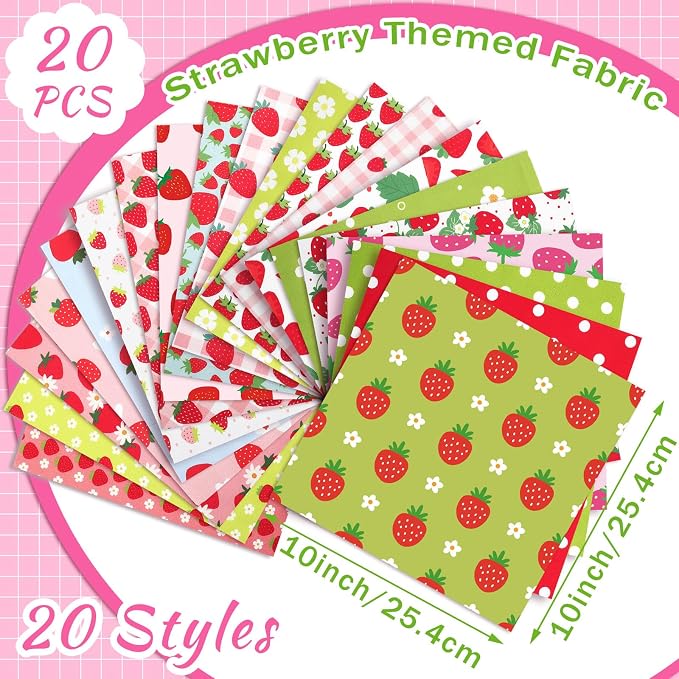 HunnmingRe 20 Pcs 10''x10'' Strawberry Quilting Fabric Square Strawberries - Image 2
