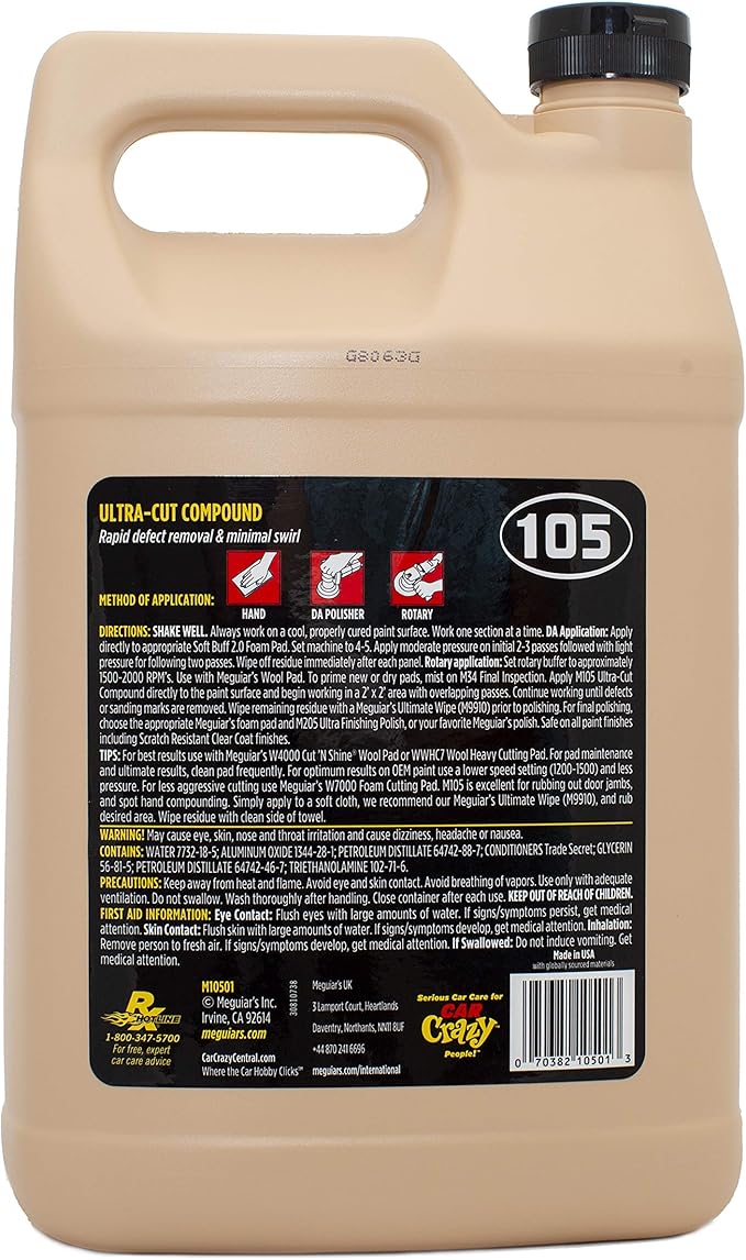 Meguiar's Mirror Glaze M105 Ultra-Cut Compound, Car Rubbing Compound for Removing Scratches and Heavy Swirls While Adding Shine, Safe and Effective on All Glossy Car Paint and Clear Coats, 1 Gallon