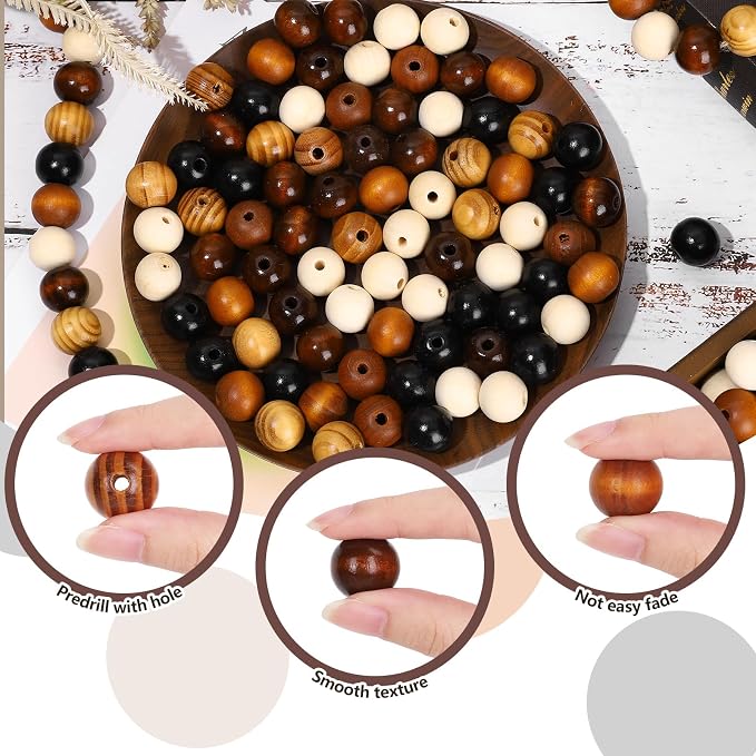 Whaline 240 Pcs Natural Wood Beads Rustic Color Round Wooden Bead Farmhouse - Image 3