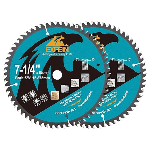 7-1/4 Inch Miter/Table Saw Blades 2pcs, 60 Teeth ATB TCT Fine Finish Wood Cutting Circular Saw Blade with 4/5 Inch Arbor