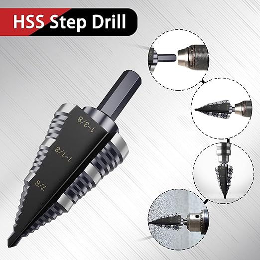 1/4 to 1-3/8 Inch Step Drill Bit, M2 High-Speed Steel Double Fluted Drill bits, Straight Grooved Step Drill Bit for Hole Drilling in Stainless Steel, Copper, Aluminum, Wood, Plastic