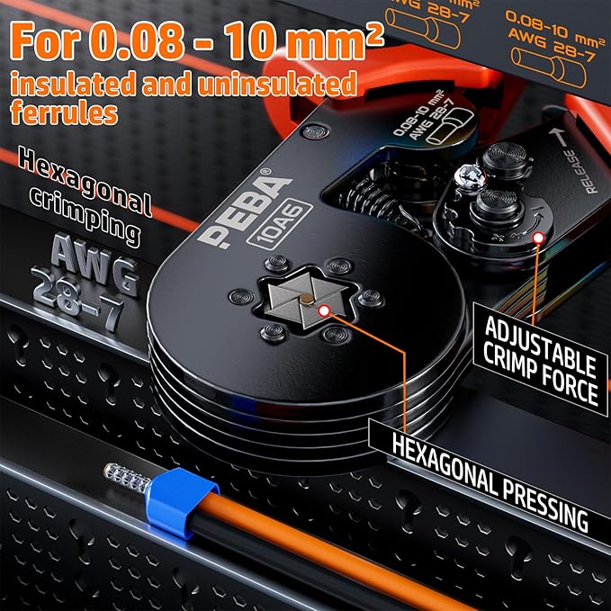 PEBA Ferrule Crimping Tool Kit, 33 Types of Wire Ferrules, Hexagon Crimping Pliers for AWG 28-7 Wire Ferrule | Ratchet Crimp Tool for Insulated/Uninsulated Ferrules - Hex Crimper Terminals Set