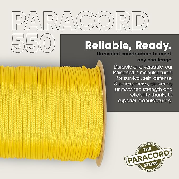 The Paracord Store | Type III 550 Paracord - 250 FT Spool, Yellow | Heavy Duty 7 Strand Tactical Paracord - USA Made Nylon Outdoor Parachute Cord for Camping, Fishing & More - Survival Cord