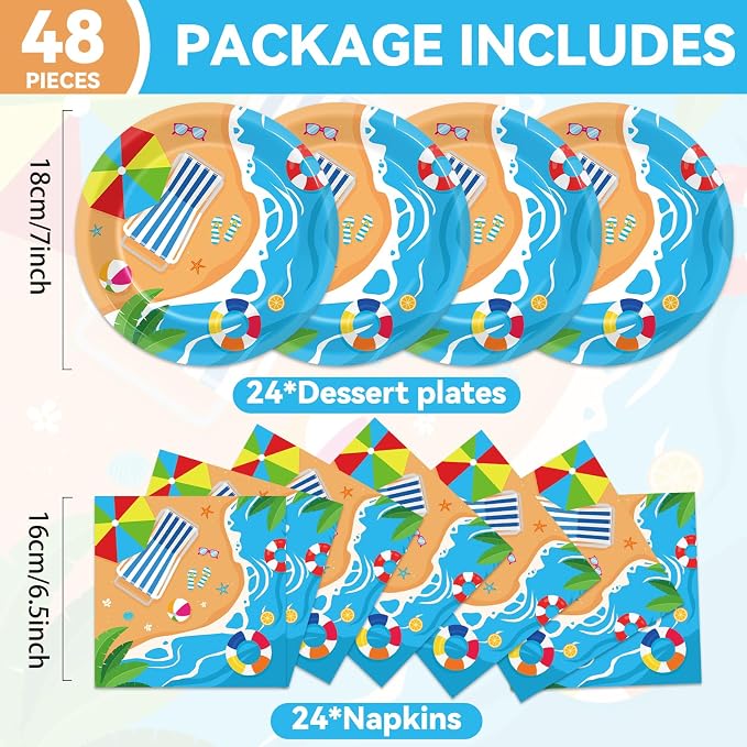 Qyeahkj 48Pcs Summer Beach Paper Plates and Napkins, Hawaiian Beach Theme Party - Image 2