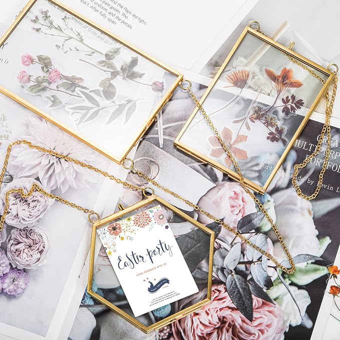 AVLA 3 Pack Pressed Flowers Glass Frames, Brass Hanging Picture Frames - Image 7