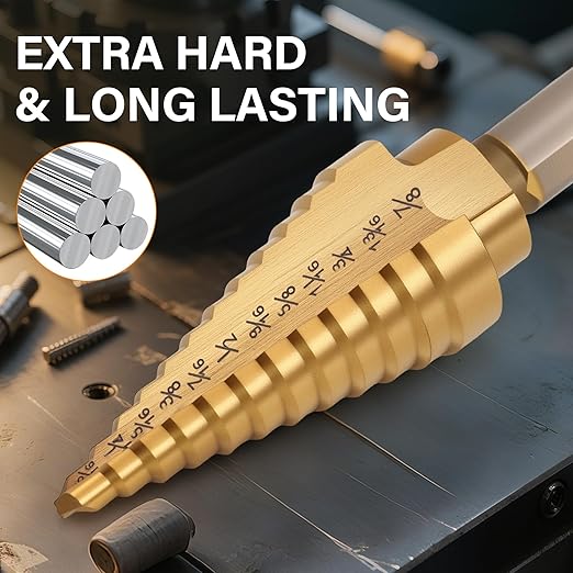Step Drill Bit Set, 6Pcs HSS Titanium Step Bits with Automatic Center Punch, 50 Sizes Step Drill Bit for Metal, Wood with Aluminum Case