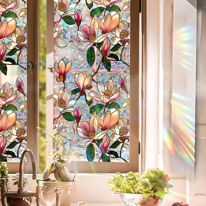 Floral Stained Glass Window Film, Static Cling Rainbow Privacy Film Sun Blocking by Aomkmi