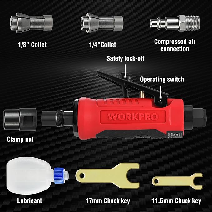 WORKPRO 1/4-Inch Pneumatic Straight Die Grinder, 25000RPM, Air-Powered Die Grinder for Grinding, Cutting, Polishing, Welding Repair, Deburring, 1/4" & 1/8" Collets Included