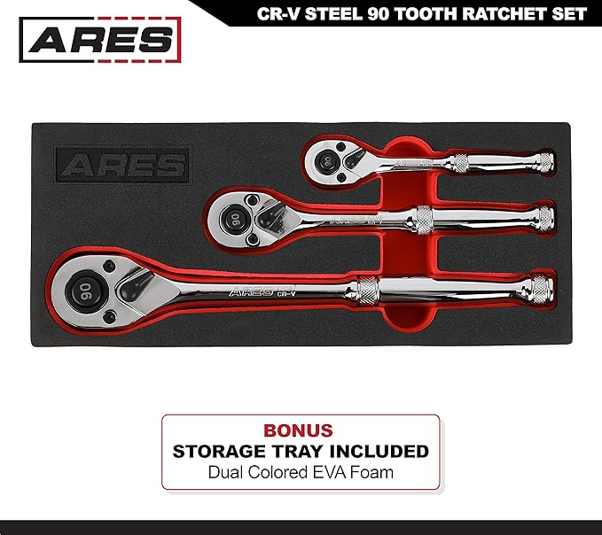 ARES 42048-3-Piece 90 Tooth Ratchet Set - Premium Chrome Vanadium Steel Construction & Mirror Polish Finish - Quick Release for Easy Socket Change - 90-Tooth Reversible Design with 4 Degree Swing