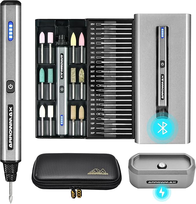 AM ARROWMAX Electric Mini Engraving Pen with 36 Bits, Aluminum Case, APP, Wireless Magnetic Charger, Tool Bag, Cordless Rotary Tool，Engraving Pen for Metal, Wood, Glass and Plastic (SGS Mini Plus)