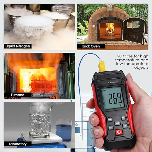 Thermocouple Thermometer Digital K Type Thermometer, Single Channel Thermocouple Tester(-328~2501℉) with 1 Temperature Clamp and 1 Wired Thermocouple Probes LCD Display Temperature Tester for K Type