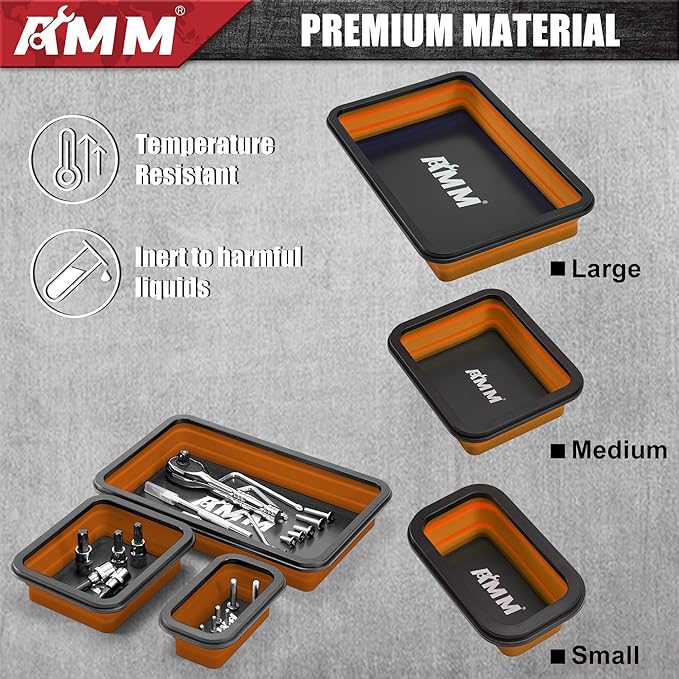 AMM Foldable Magnetic Parts Tray Set, 3 Different Size Magnetic Tool Trays for Bolts Screws Nuts & Small Metal Parts, Mechanic Tool Present for Men，Orange