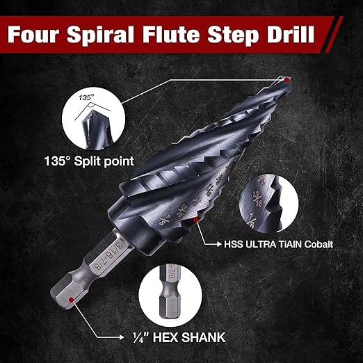 Four Spiral Flute Cobalt Step Drill Bit, 3pcs(1/4"-7/8") M35 Cobalt Step Drill Bit Wear-Resistant AlTiN Coated, 1/4" Hex Shank Hole Drill in Stainless Steel, Copper, Aluminum, Wood, Plastic