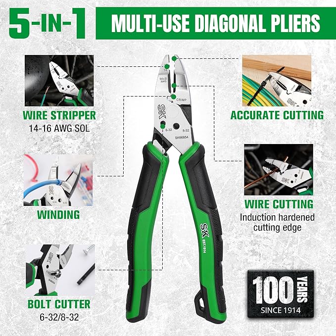 SK 7-Inch Multi-use Diagonal Pliers, 5 IN 1, Premium CR-V Steel Construction, Ergonomic Anti-slip Handle for Comfortable Grip