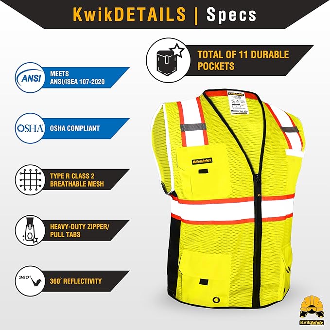 KwikSafety - Charlotte, NC - BIG KAHUNA Safety Vest [2 Pack] Class 2 ANSI OSHA Reflective Vest Durable High Visibility Vest Construction Safety Vest for Men Industrial Work Gear/Yellow Large