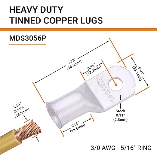 SELTERM 10pcs 3/0 AWG-5/16 Stud Tinned Copper Wire Lugs, Heavy Duty Battery Cable Ends,000 Gauge Ring Terminals, UL Battery Lugs Marine Grade Copper Eyelets Electrical Battery Terminal Connectors