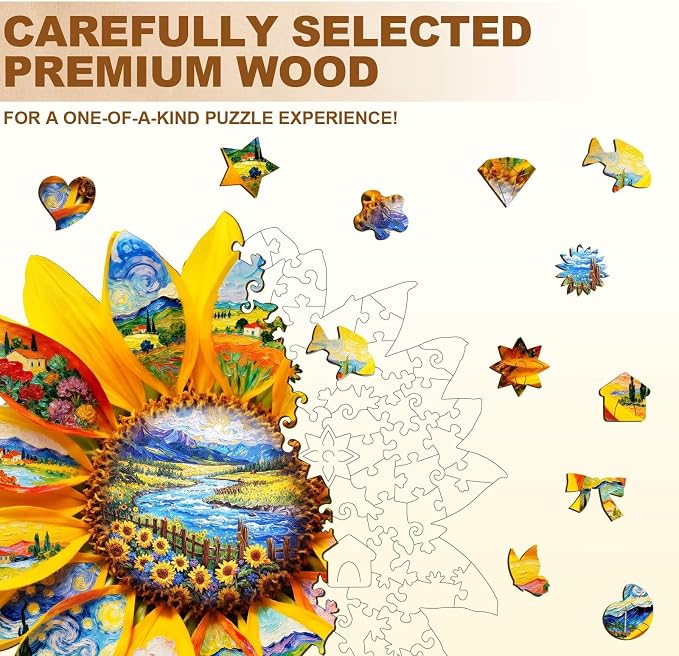 Wooden Sunflower Puzzles Adults, Flower Shaped Wood Puzzle 245 Pieces, Oil - Image 3