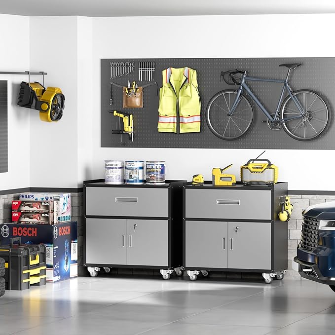 Metal Garage Storage Cabinet with Wheels, Lockable Rolling Tool Chest with Wheels, Tool Cabinet on Wheels, Utility Cabinet for Home, Office, Garage and Workshop, Black & Gray