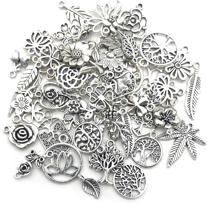 Youdiyla 100pcs Mix Silver Tree Flower Charms Collection, Bulk Mini Small - Image 5