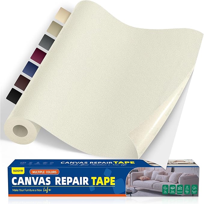 Self-Adhesive Canvas Repair Tape, 16" x 79" Waterproof Canvas Repair Patch, Fabric Patch Repairs Kit for Furniture, Tents, Sunbrellas, Boat Covers Awnings, Couches, Clothes, Bags Beige&White