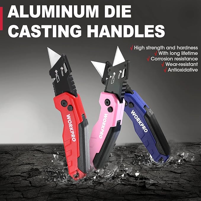 WORKPRO Folding Utility Knife, Quick Change Box Cutter, Razor Knife for Cartons, Cardboard, Boxes, Blade Storage in Aluminum Handle, 13 Extra Blades Included (Red)