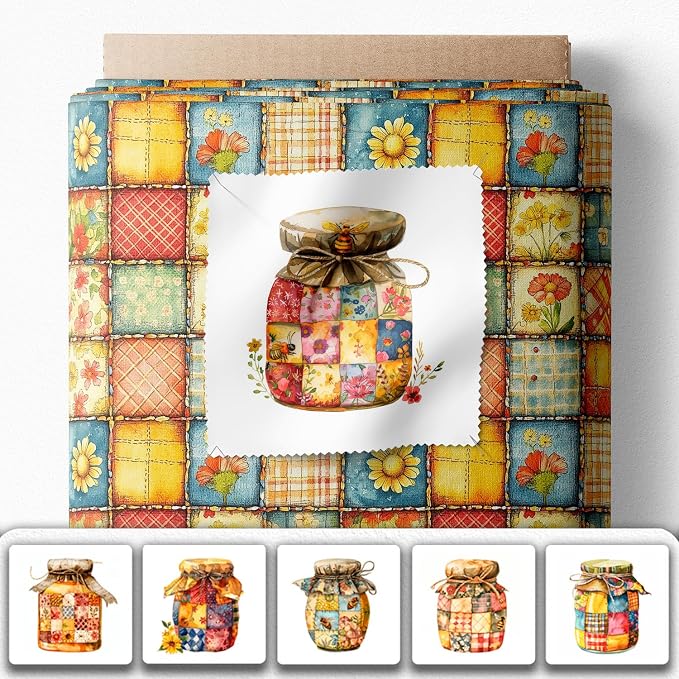 Patchwork Honey Jar Cotton Fabric Panel – 6 Designs + Bonus Sheet 29.5×19.6 inch - Image 2