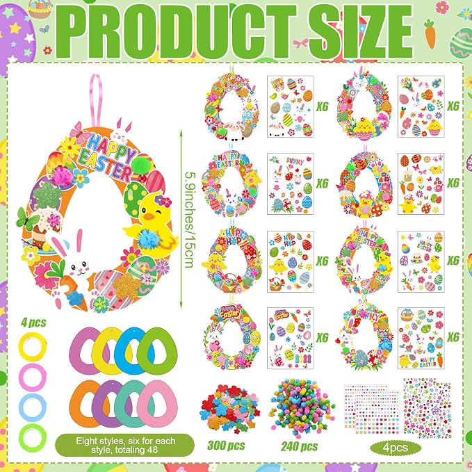 Hollowfly 48 Sets Easter Wreath Craft Kits DIY Easter Egg Wreath Hanging - Image 3