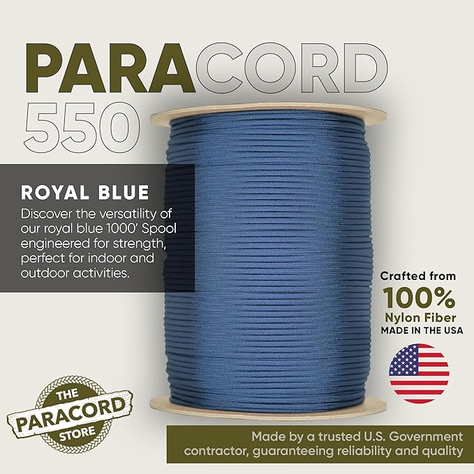 The Paracord Store | Type III 550 Paracord - 250 FT Spool, Royal Blue | Heavy Duty 7 Strand Tactical Paracord - USA Made Nylon Outdoor Parachute Cord for Camping, Fishing & More - Survival Cord