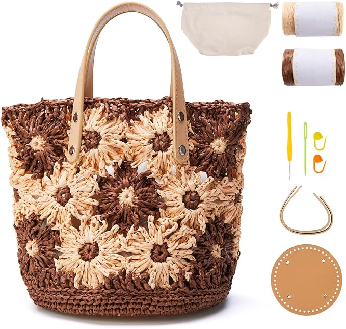 Noocro Crochet Kit for Intermediate or Advanced Level, Floral Raffia Bucket Bag by Noocro