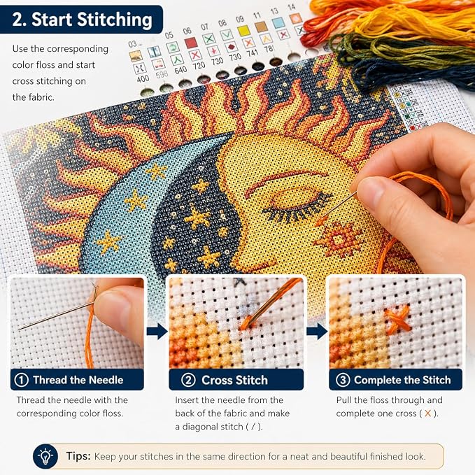 WYBQFDJ Sunflower Sun & Moon Beginner Cross Stitch Kit, 11.8 x 15 in | - Image 4