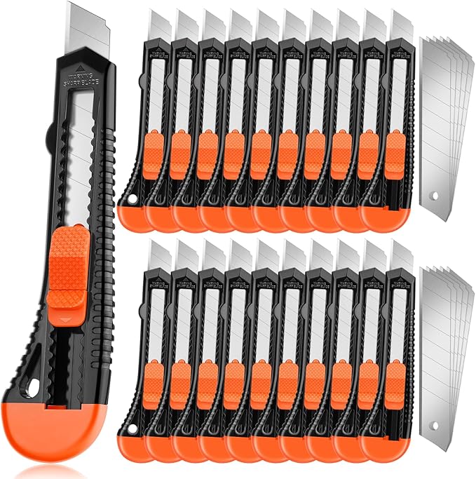 20 Pack Utility Knife, Box Cutter Retractable, Box Knife for Cartons, Cardboard, and Boxes, Box Opener with 10 Pieces 18mm Snap-off Blade, Razor Knife for Office and Home Use, Box Cutters