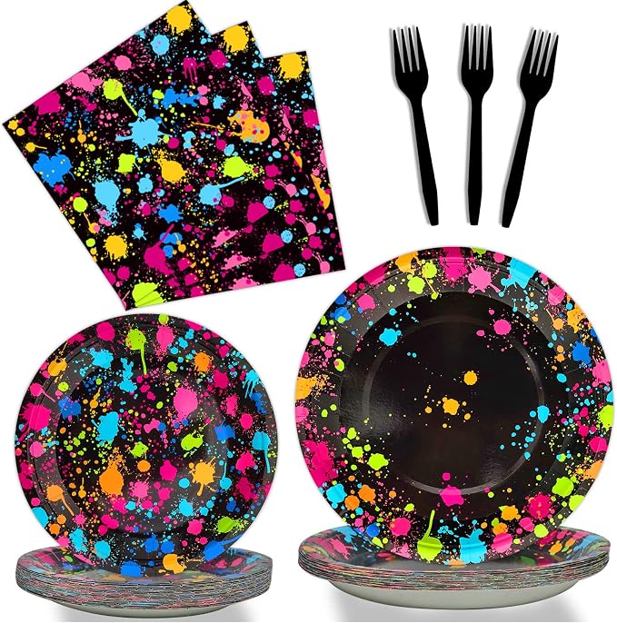 Neon Party Supplies for 24 Guests Neon Plates and Napkins Tableware Set Glow by partygreeting
