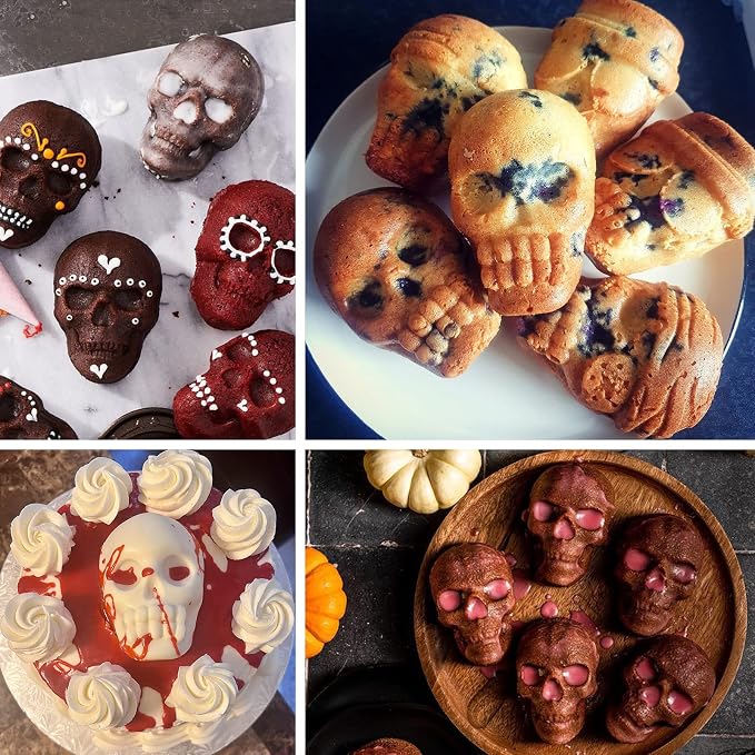 Sakolla Large Skull Cake Pan Silicone Mold, 2 Pack 6 Cavity Halloween Skull - Image 6