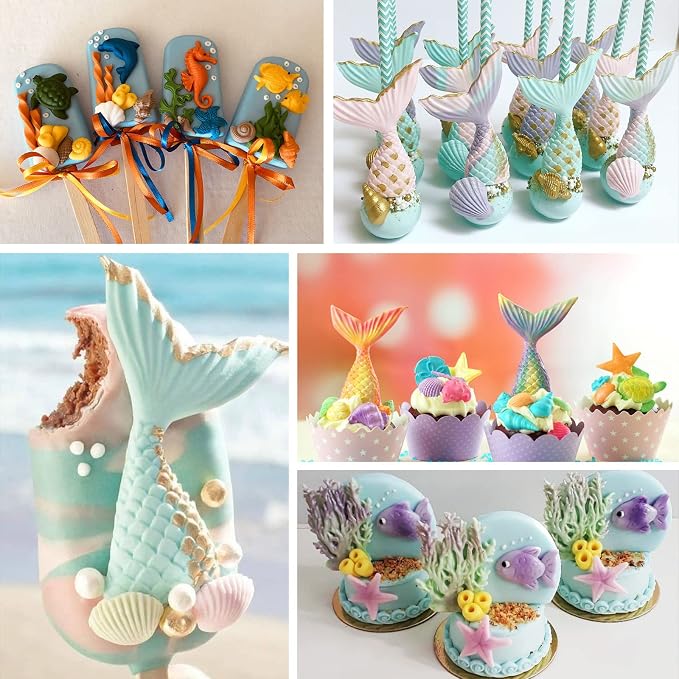 Sakolla 4 Pcs Marine Theme Silicone Fondant Molds, Mermaid Tail Seashell Conch - Image 6