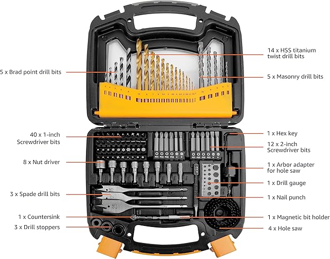 Amazon Basics Drill & Driver Multi Bit Set, Alloy Steel Wood Straight Drill Bits, for Metal, Wood, Plastic, Masonry, with Storage Case, 100-Piece