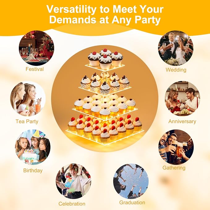 YestBuy Cupcake Stand with Yellow LED Lights, 4 Tier Cupcake Stand - Image 3