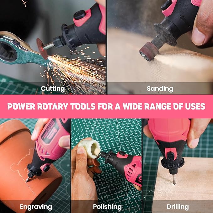 HARDELL Rotary Tool Kit - 180W Corded Power Rotary Tool 6 Variable Speeds with 61 Accessories, 8000-35000RPM, for Sanding, Polishing, Cutting, Engraving,Carving, DIY Crafts (PINK)
