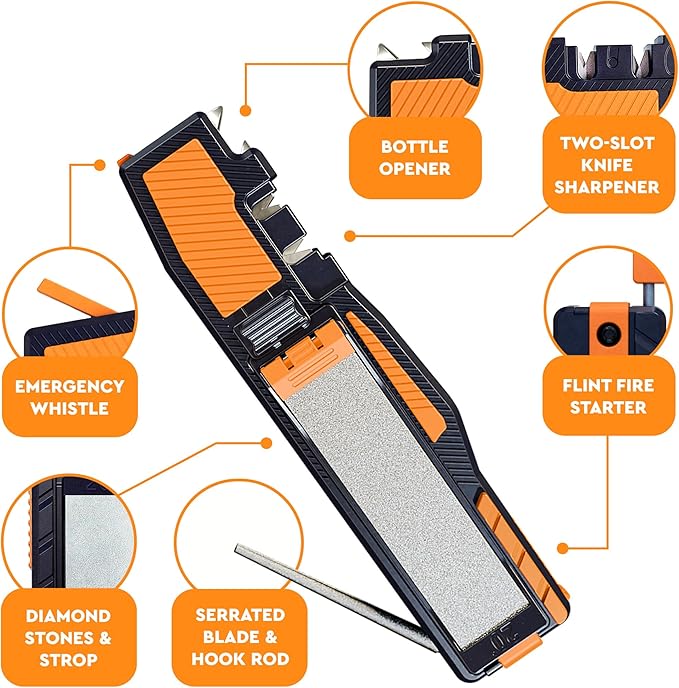 8-in-1 Pocket Field Knife Sharpener – Guided Diamond Whetstones, Diamond Rod, Leather Strop, 2 Sharpening Slots, Fire-Starter Ferro Rod & Whistle – Outdoor, Yard, Camping by Sharp Pebble