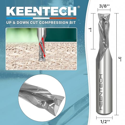 KEENTECH 1/2" Shank 2 Flute Flat Tip Compression Sprial Router Bit for CNC Router Machine, 3/8" Cutting Diameter, 1" Cutting Depth, for Wood Cutting, Custom Furniture, Slot Mortise, Engraving