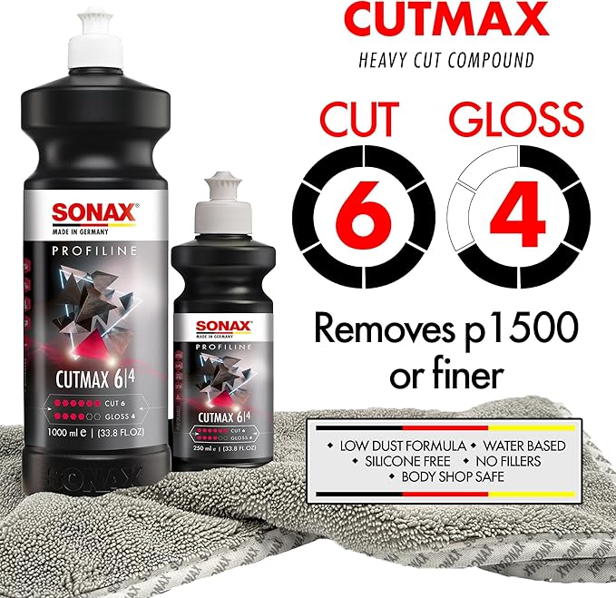 SONAX CutMax Cutting Compound | High-Abrasive Paint Correction Polish for P1500 Grit Sanding Marks | Silicone-Free, Dust-Free, and Odorless | Long Buffing Cycle for Severe Weathered Paint | 24650 | 5L
