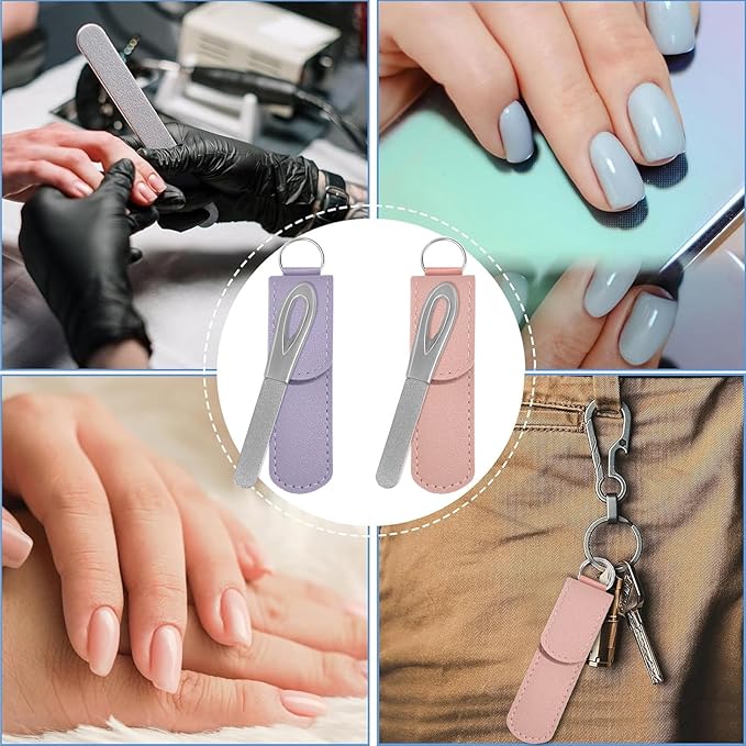 Metal Nail File with Case, 2 Pack Keychain Nail Files for Natural Nails, Fingernail Files Diamond Round Tip Stainless Steel Double Sided Fine Grit Silver Filer with Leather Sheath Travel Pink Purple