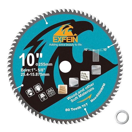 10 Inch Miter/Table Saw Blade, 80 Teeth ATB TCT Fine Finish Wood Cutting Circular Saw Blade with 1 Inch Arbor