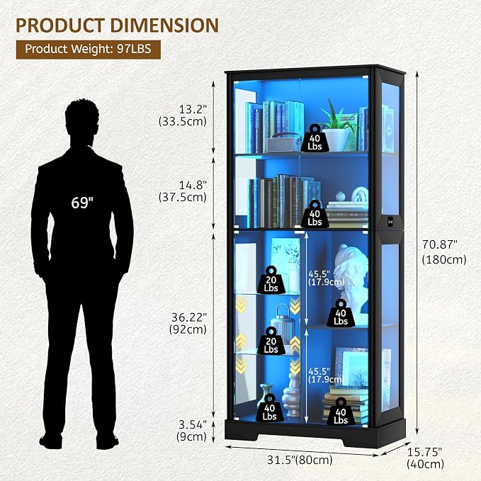 71” Display Cabinet with Glass Doors, LED Curio Cabinet with 3 Lights - Image 2
