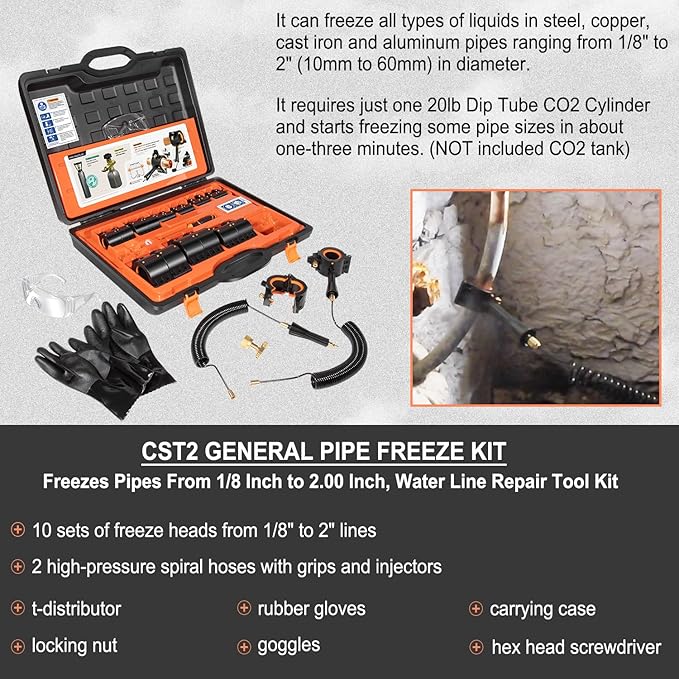 CST2 General Pipe Freeze Kit, Tube Wire Plumbing Freezing, Freezes Pipes From 1/8 Inch to 2 Inch, Water Line Repair Tool Kit, Replacement For Cold Shot Pipe Freeze Kit