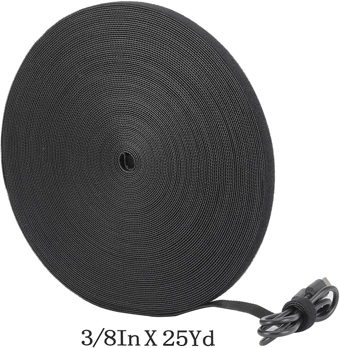 Cable Ties Reusable Straps Cable Wire Management Roll Black Fastening Double Sided Hook and Loop Tape (3/8in 25yd)