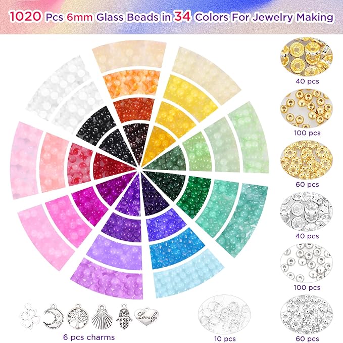 1368pcs 6mm Glass Beads for Bracelets, 34 Colors Crystal Beads for Jewelry - Image 3