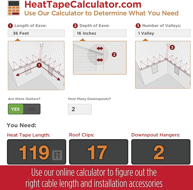 RADIANT SOLUTIONS HeatTapePro - Intelligent Commercial Grade Self-Regulating Heat Cable with GlowCap™ - 10 YR warranty - Ice Dam & Pipe Freeze Protection - 112 ft cable + 10 Ft Cord, 120V, 6 watts/Ft
