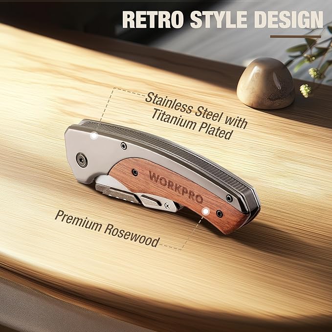 WORKPRO Folding Utility Knife & EDC Pocket Knife, Quick-Change Wood Handle Razor Box Cutter and Foldable Knife Kit with Extra 10PC SK5 Blades for Indoor and Outdoor Activities