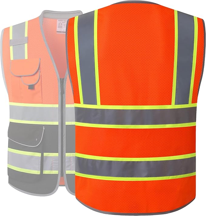JKSafety 9 Pockets Hi-Vis Safety Vest High Visibility Reflecitive Mesh Safety Vests for Men and Women Cushioned Collar Work Utility PPE Work Gear ANSI/ISEA compliant Class 2 (101-OBlk M)