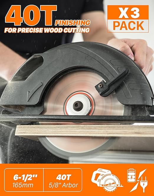 6-1/2 Inch Circular Saw Blade, 40T, 5/8" Arbor, ATB Carbide Teeth, 3-Pack, Precise Crosscutting for Softwood & Hardwood, Fits DEWALT DCS391B, DCS565B, DWA161240, Diablo D0641X